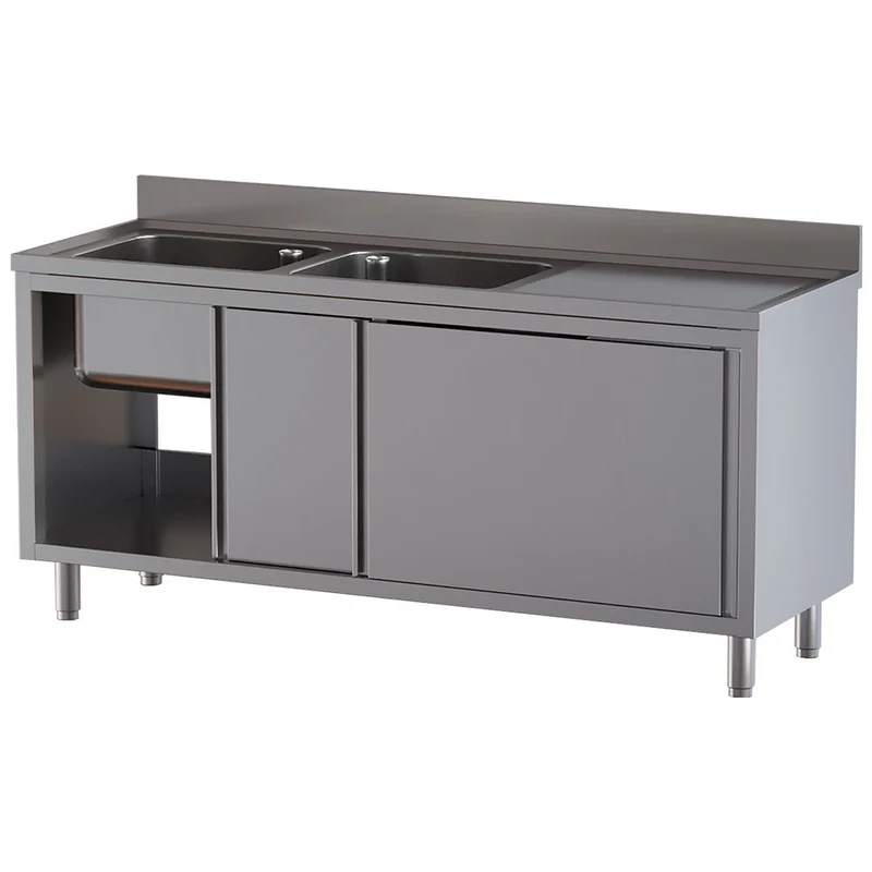 Spültisch mit 2 Becken 500×500×300, Abtropffläche rechts, auf Unterschrank mit 2 Schiebetüren - L1621/AD-SD7