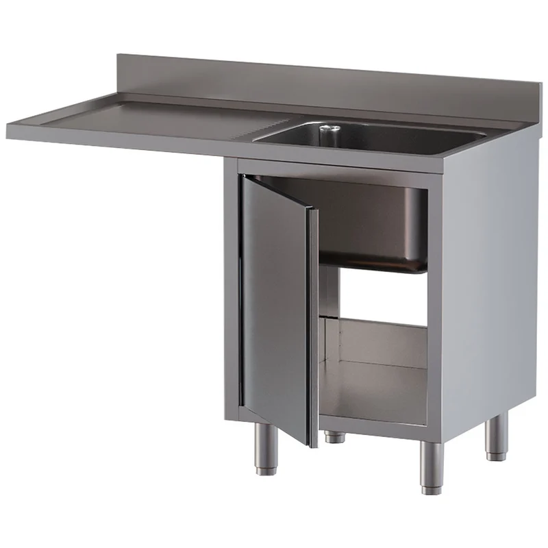 Spültisch mit 1 Becken, Abtropffläche links, auf Unterschrank mit 1 Drehtür und Geschirrspülerplatz - L1411/VAD-SS3