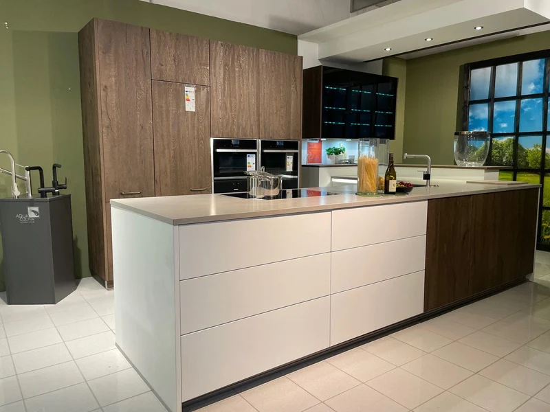 Küche Base Ergo Glas Schneeweiß Weiß Echtholz Espresso Braun Arbeitsplatte Keramik Beige Mit Beleuchtung