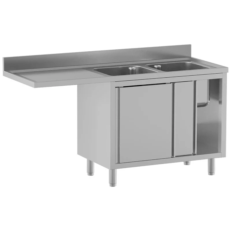 Spültisch mit 2 Becken 500×500×300, Abtropffläche links, auf Unterschrank mit 2 Schiebetüren und Geschirrspülerplatz - L1821/VAD-SS5