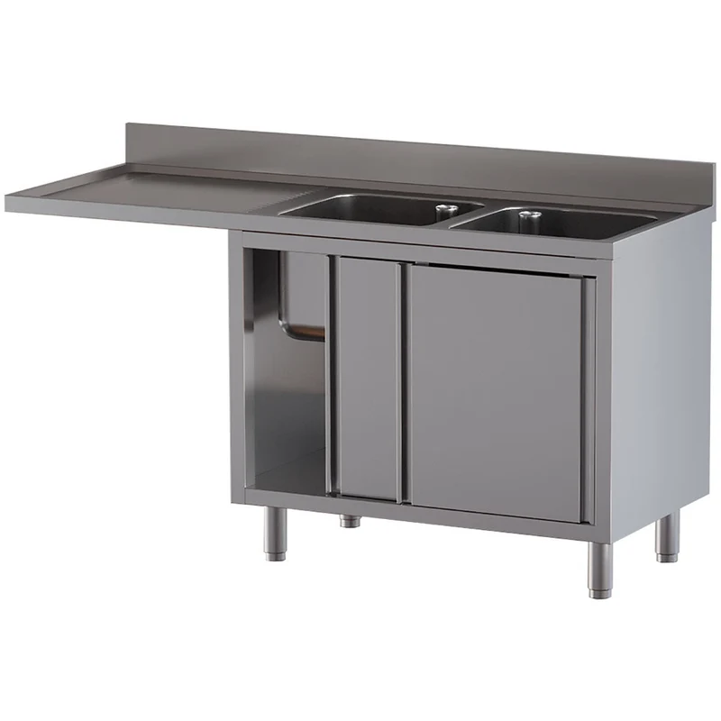 Spültisch mit 2 Becken 500×500×300, Abtropffläche links, auf Unterschrank mit 2 Schiebetüren und Geschirrspülerplatz - L1821/VAD-SS5