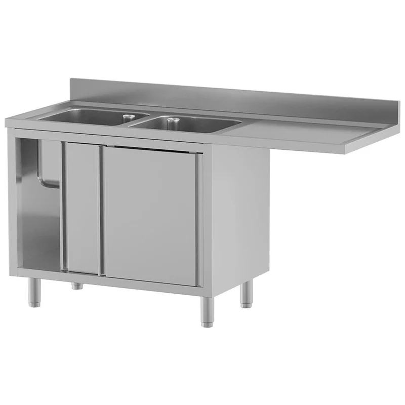 Spültisch mit 2 Becken 500×500×300, Abtropffläche rechts, auf Unterschrank mit 2 Schiebetüren und Geschirrspülerplatz - L1821/VAD-SD5