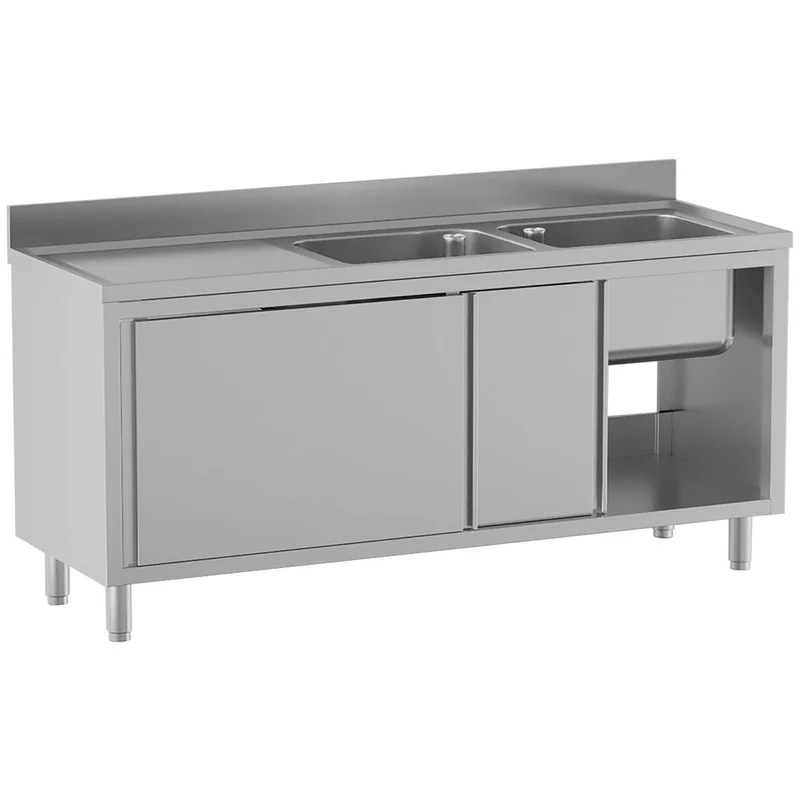 Spültisch mit 2 Becken 500×500×300, Abtropffläche links, auf Unterschrank mit 2 Schiebetüren - L1821/AD-SS8