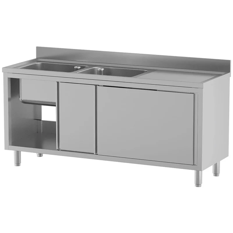 Spültisch mit 2 Becken 500×500×300, Abtropffläche rechts, auf Unterschrank mit 2 Schiebetüren - L1821/AD-SD8