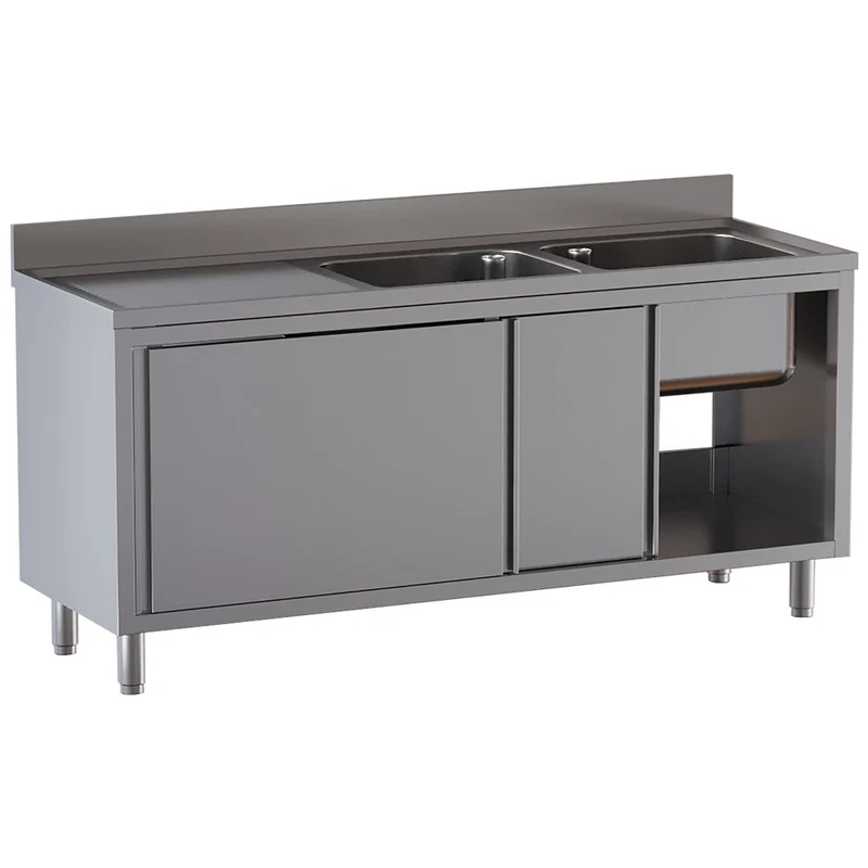 Spültisch mit 2 Becken 500×500×300, Abtropffläche links, auf Unterschrank mit 2 Schiebetüren - L1621/AD-SS7