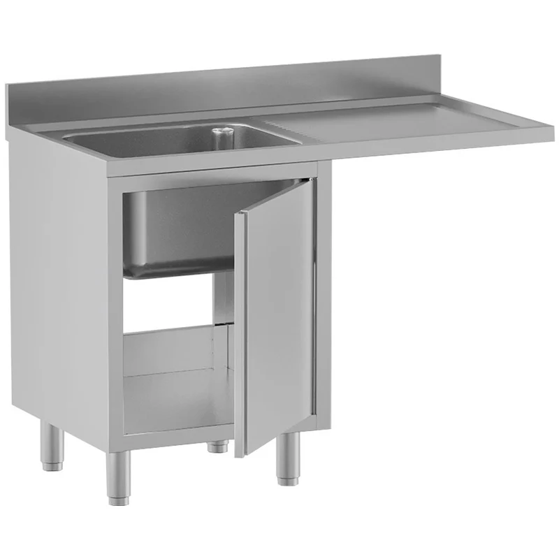 Spültisch mit einem Becken, Abtropfbrett rechts, auf Schrank mit 2 Schwingtür und platz für Geschirr. - L1411/VAD-SD3