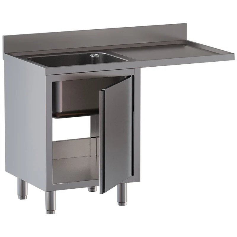 Spültisch mit einem Becken, Abtropfbrett rechts, auf Schrank mit 2 Schwingtür und platz für Geschirr. - L1411/VAD-SD3