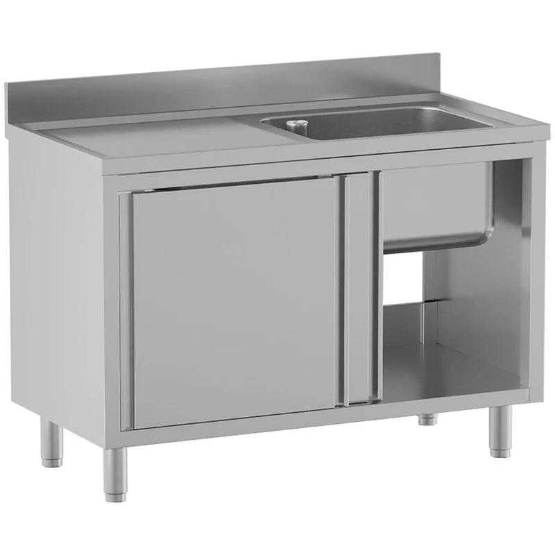 Spültisch mit 1 Becken 600×500×300, Abtropffläche links, auf Unterschrank mit 2 Schiebetüren - L1411/AD-SS6