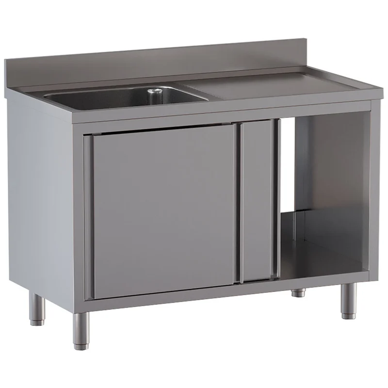 Spültisch mit 1 Becken 600×500×300, Abtropffläche rechts, auf Unterschrank mit 2 Schiebetüren - L1411/AD-SD6