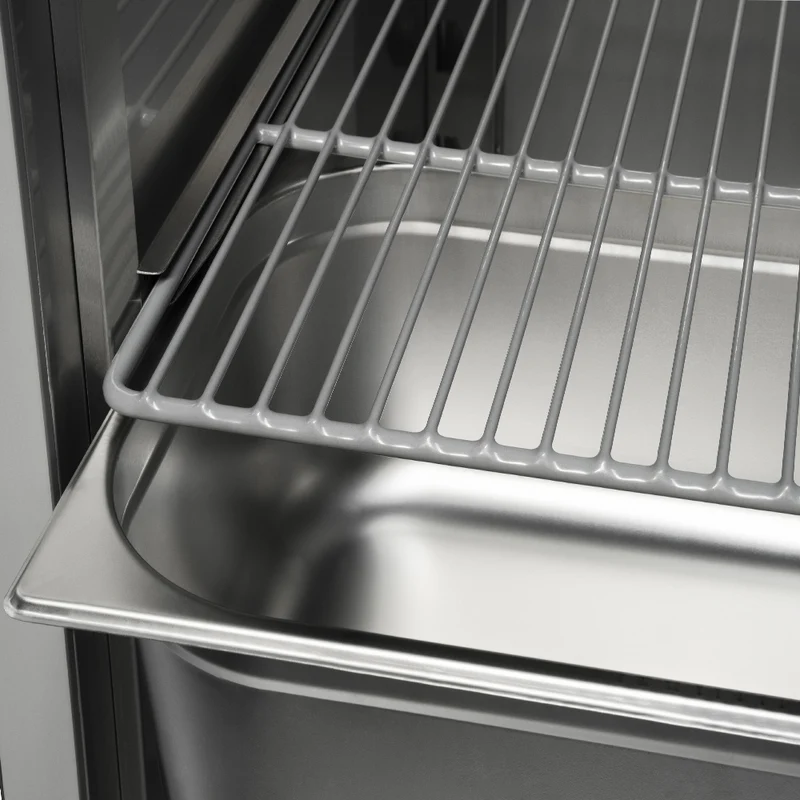 Tiefkühlschrank Edelstahl 1400 Liter, 2 Glastüren GN 2/1, Umluft, Auf Rädern - IE140/R9H-G