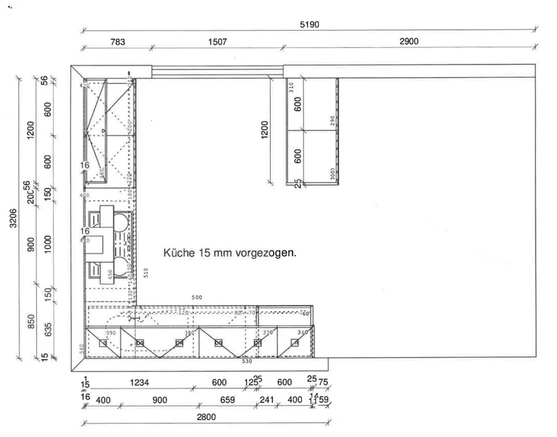 Küche 60632 Manhattan Front Steineiche Korpus Sahara Arbeitsplatte Naturstein Anthrazit