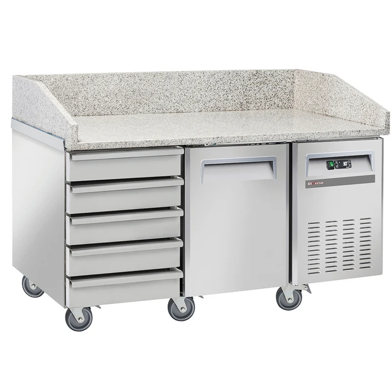 Fahrbarer Pizzakühltisch mit Granitplatte , 150 cm , 1 Tür & 5 Schubladen, WR-PZ15-51