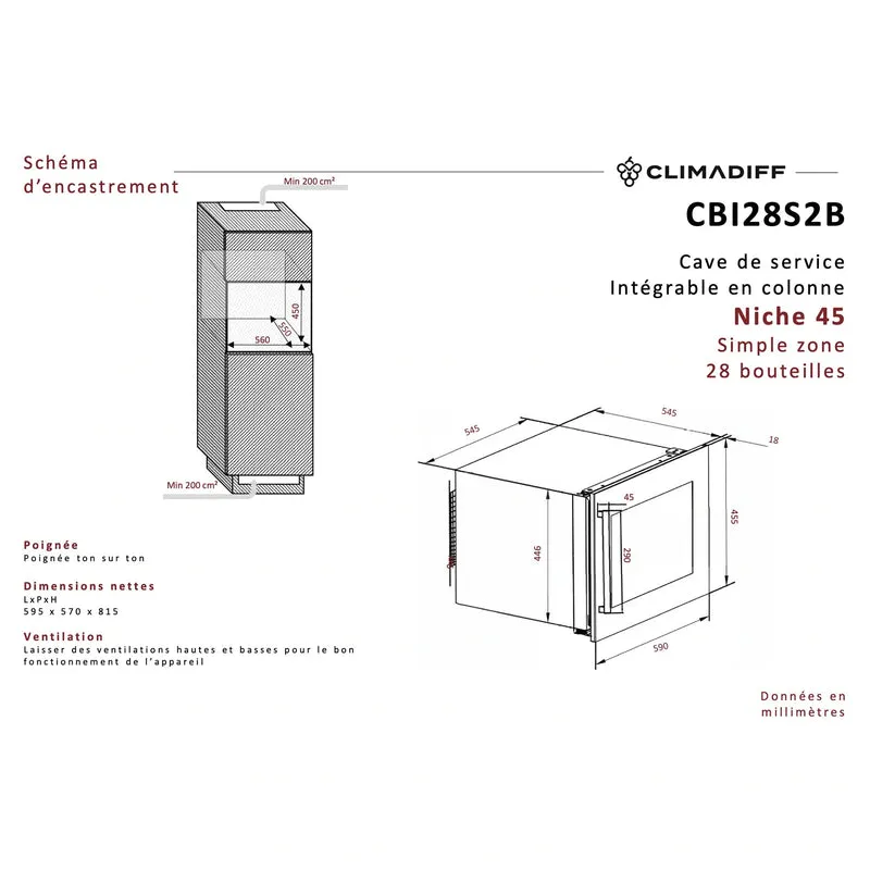 Weinkühlschrank 28 Flaschen Climadiff CBI28S2B
