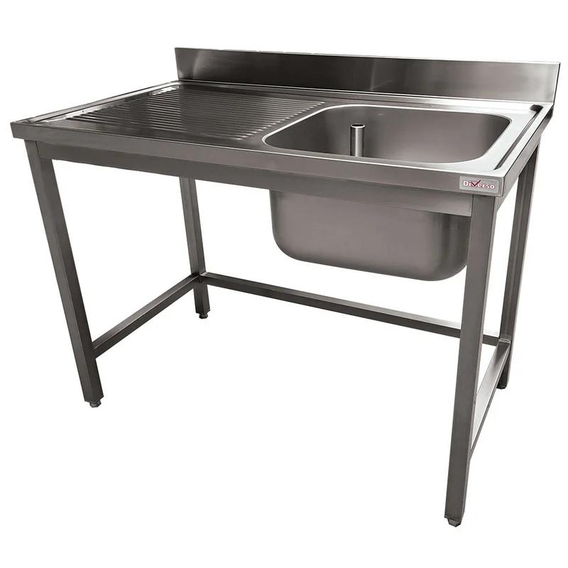 Profi Spültisch Edelstahl 140 cm , 1 Becken rechts & Abtropffläche links , Ohne Grundboden, WR-C1E1-4G