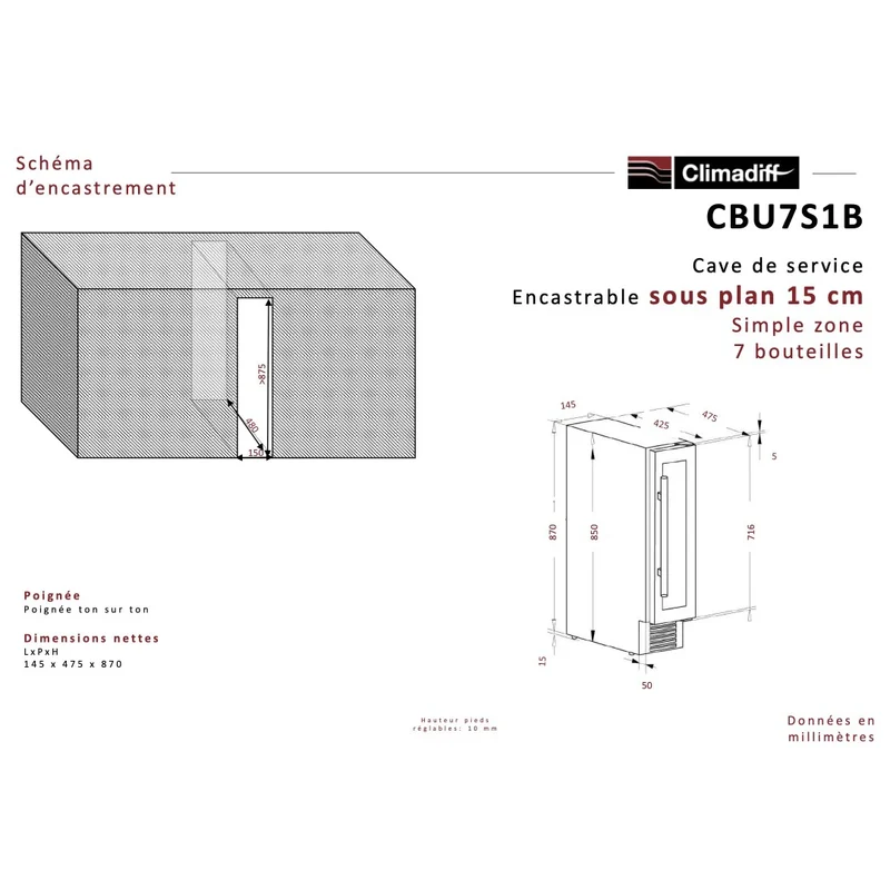 Weinkühlschrank 7 Flaschen Climadiff CBU7S1B