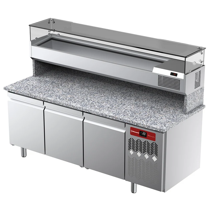 Profi Pizzakühltisch mit Granitplatte & Kühlvitrine, 3-türig, 205 cm, TPP-205/PL3