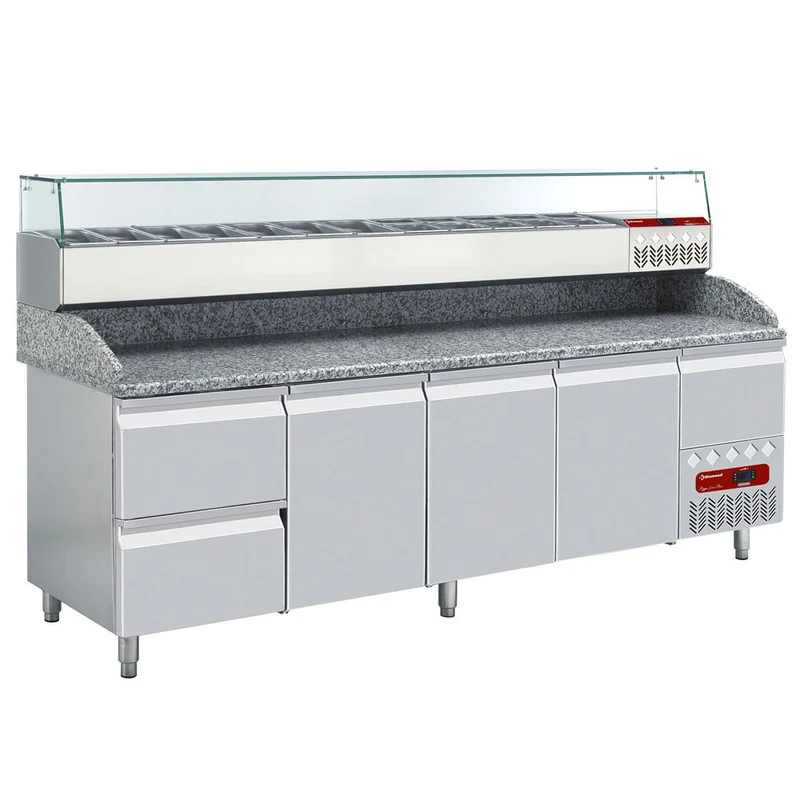 Profi Kühltisch mit Kühlaufsatzvitrine , 256 cm Breite, TP361/P9_SY249G/PP9