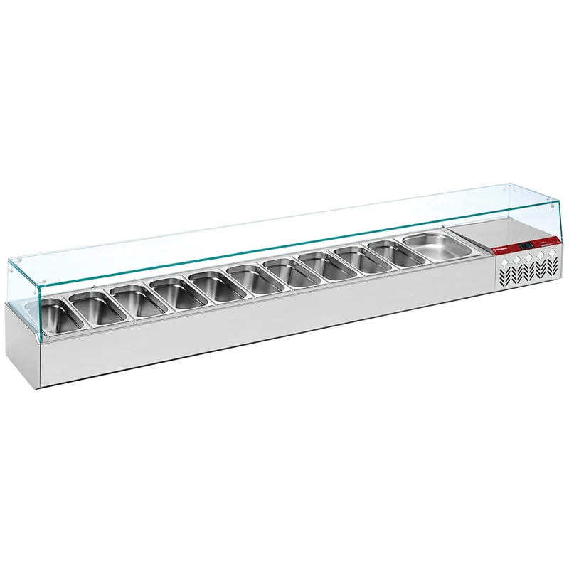 Profi Kühltisch mit Kühlaufsatzvitrine , 256 cm Breite, TP361/P9_SY249G/PP9