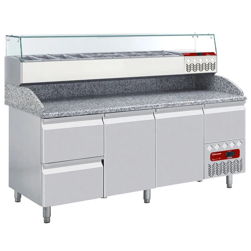 Professioneller Kühltisch mit Kühlaufsatzvitrine , 202 cm Breite, TP261/P9_SY198G/PP9