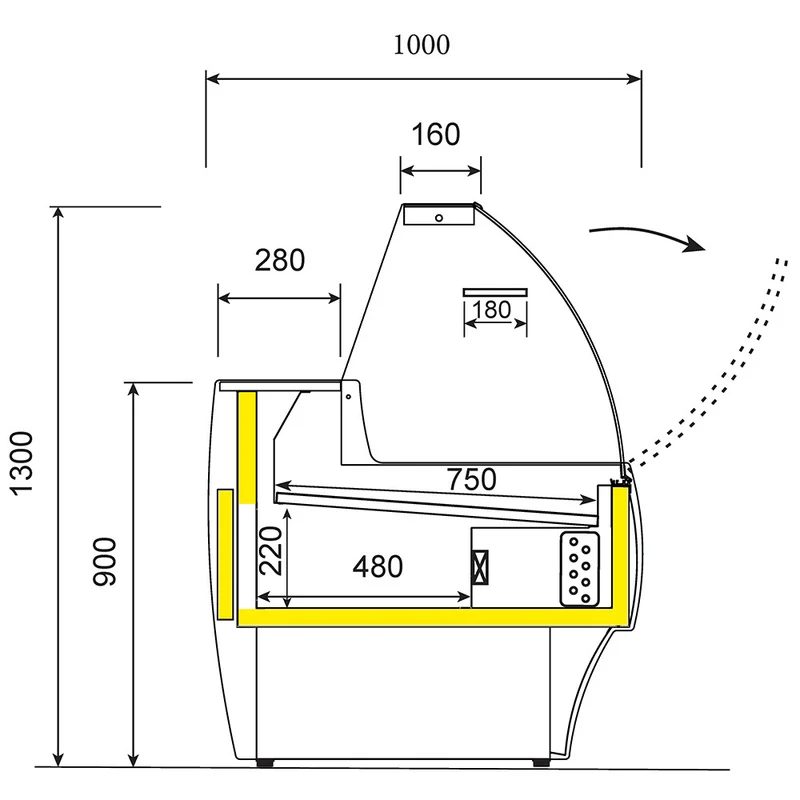 Bedientheke 300 cm , Gebogenes Glas & Umluftkühlung , mit gekühltem Unterbau, MA30/E8-R2V