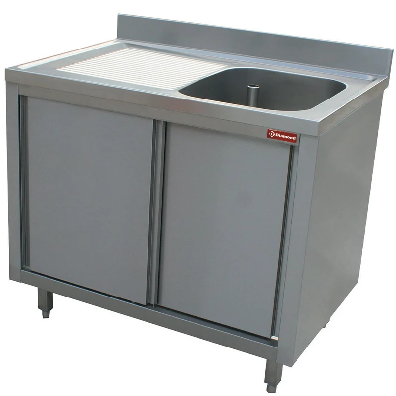 Profi Edelstahl-Spültisch 140 cm mit Schiebetüren-Unterschrank , Becken rechts, L1411S-AS-D