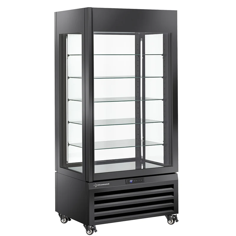 Panorama-Kühlvitrine 600L , Umluftkühlung , 5 Glas-Etageren , Schwarz, MAX/609-PB