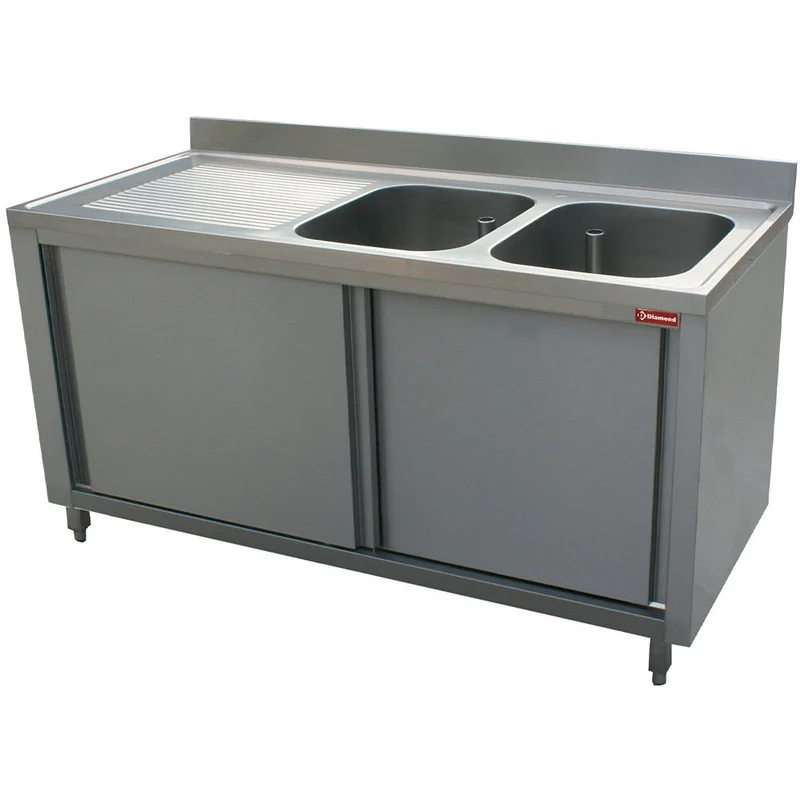 Gastro Spültisch Edelstahl 180cm , 2 Becken & Unterschrank , Abtropffläche links, L1821S-AS-D