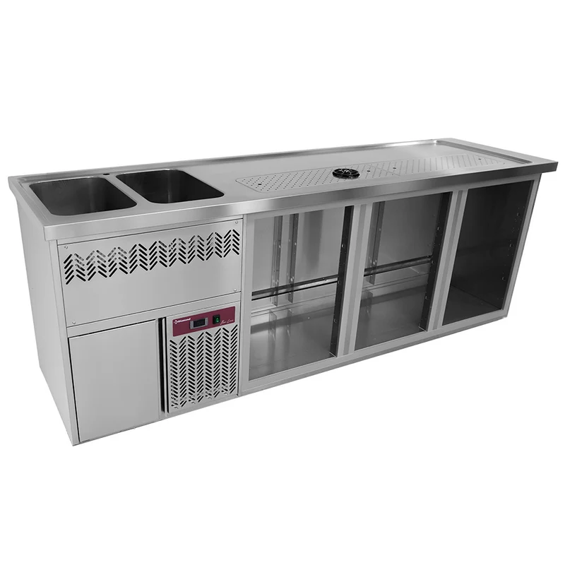 Gastro-Kühltresen mit 3 Türen und linker Spüleinheit, 250 cm, KBR/32G