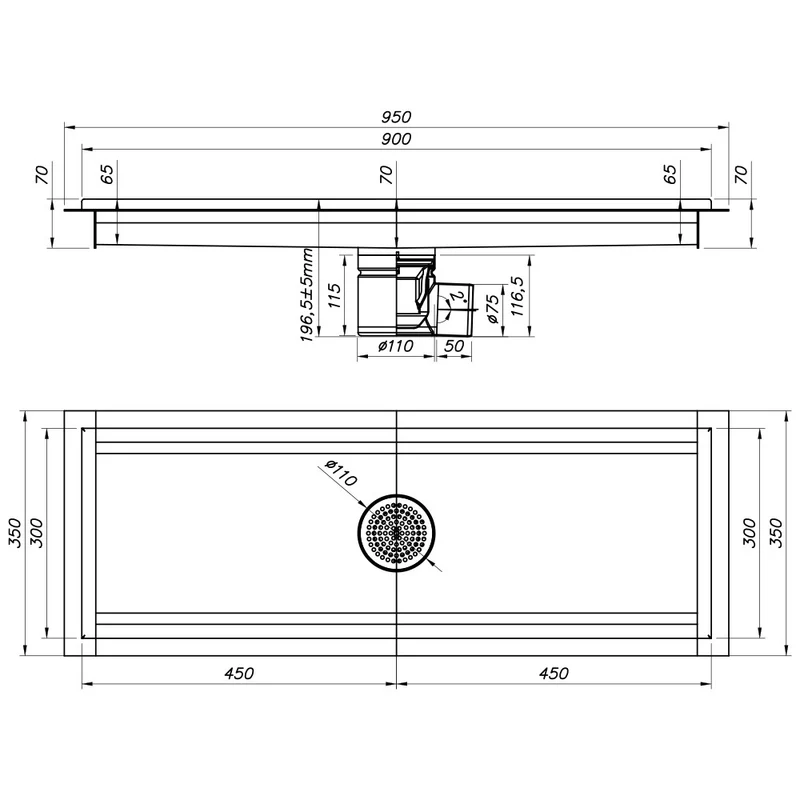 Edelstahl Kastenrinne 900x300 mm , Seitlicher Ablauf DN 110, GS93-H