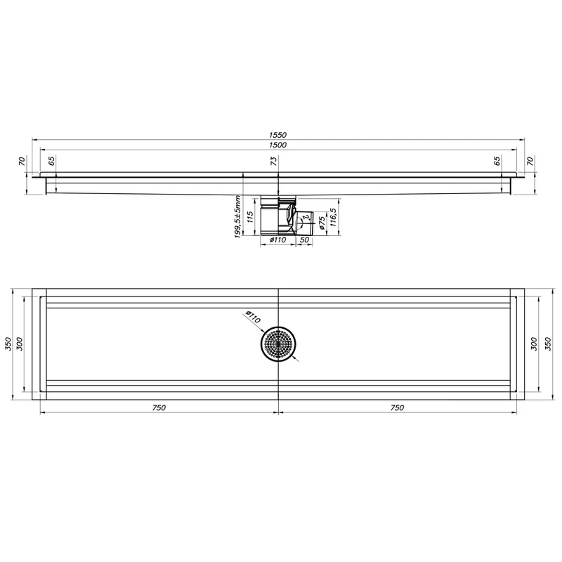 Kastenrinne Edelstahl 1500 x 300 mm , Seitlicher Ablauf, GS153-H