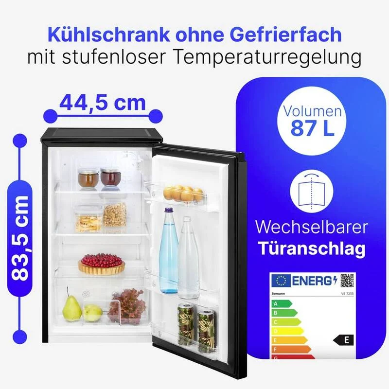 VS 7255 Kühlschrank Vollraumkühler schwarz 45cm E 87L SIEHE TEXT/FOTO