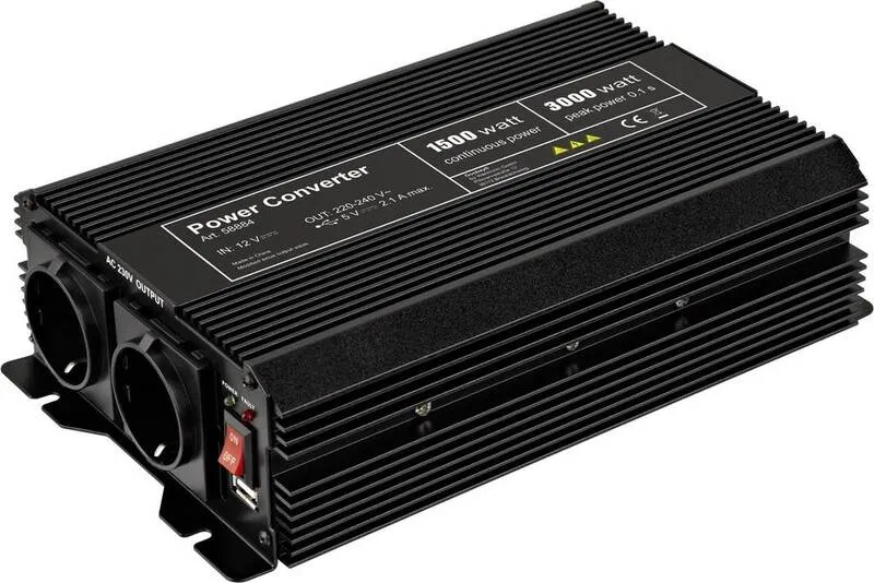 B-Ware Goobay Wechselrichter Wandler SPW IT 1500 W 12 V/DC - 230 V/AC, 5 V/DC