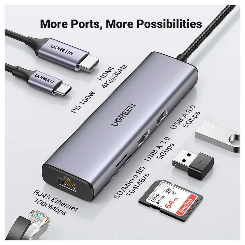 B-Ware UGREEN USB-C Dockingstation 7-in-1 Hub HDMI 4K Ladefunktion grau Universal