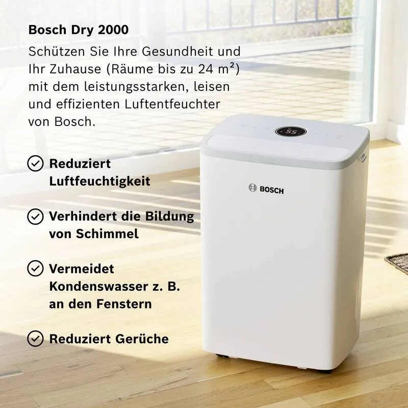 B-Ware Bosch Luftentfeuchter DRY 2000 12L/Tag für Räume bis 55m³ leise 35dB Weiß