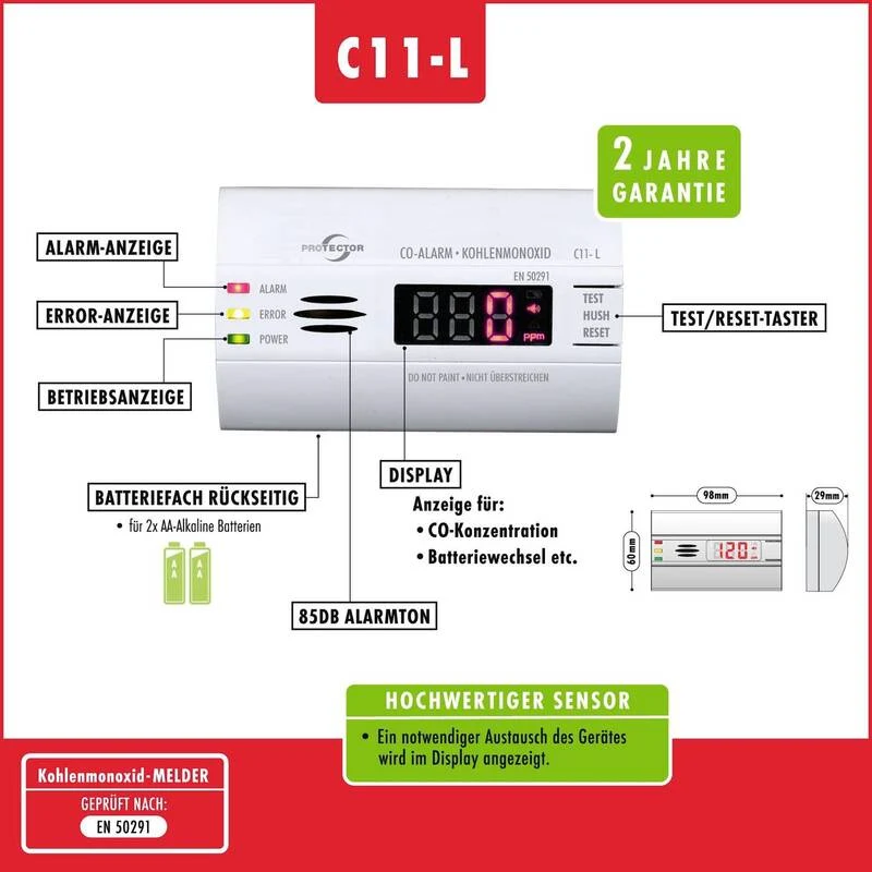 B-Ware Protector C11 L Kohlenmonoxid Melder Warnmelder Kohlenmonoxid Batteriebetrieben