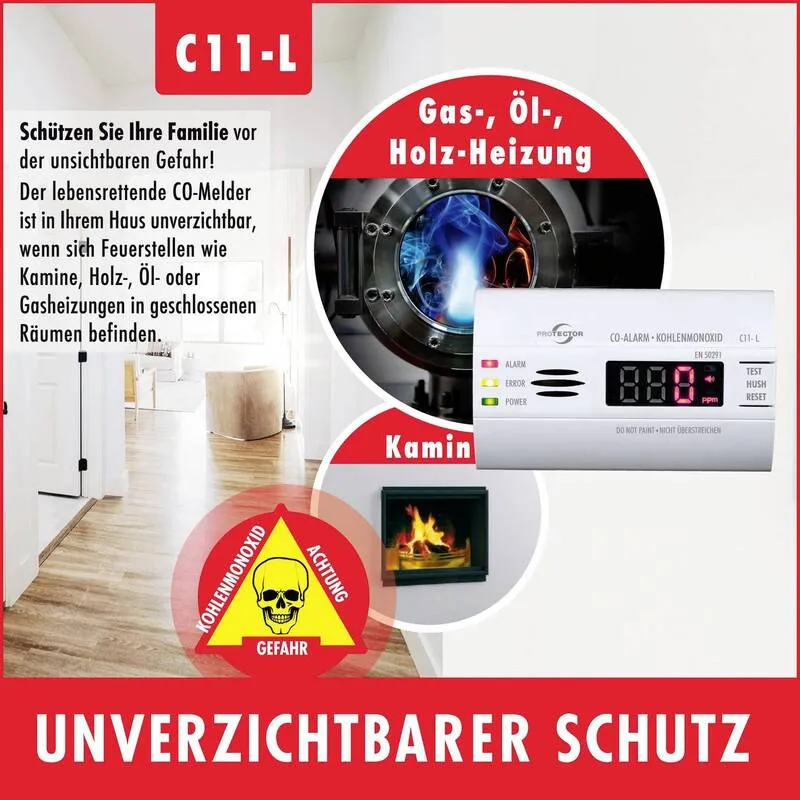 B-Ware Protector C11 L Kohlenmonoxid Melder Warnmelder Kohlenmonoxid Batteriebetrieben