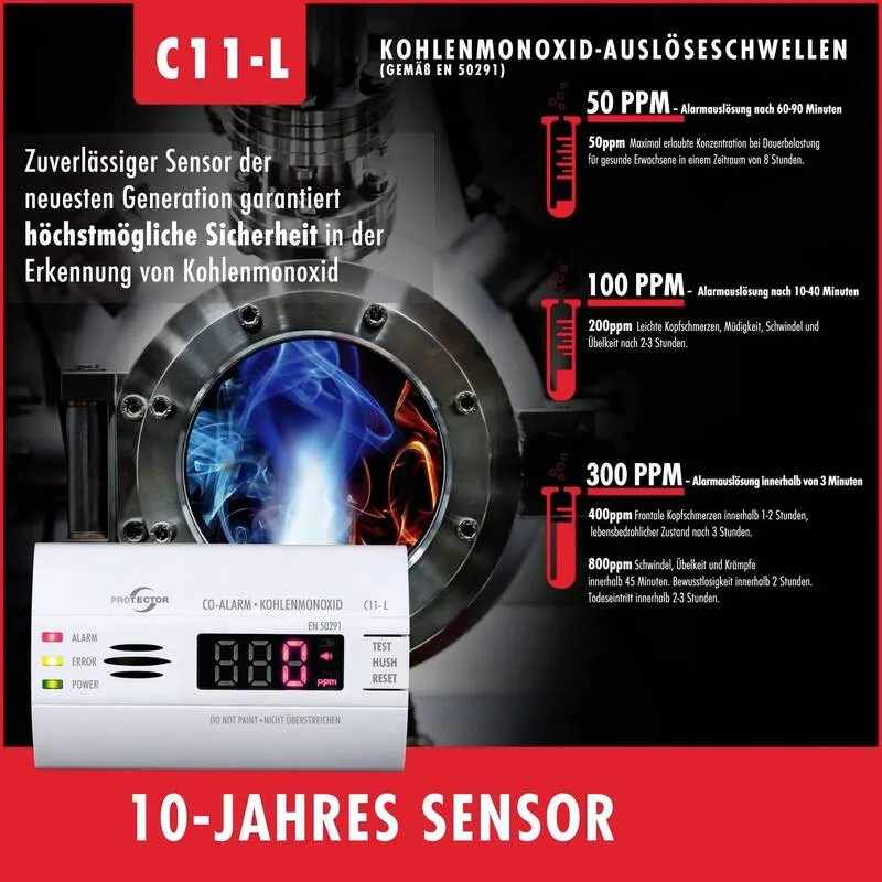 B-Ware Protector C11 L Kohlenmonoxid Melder Warnmelder Kohlenmonoxid Batteriebetrieben