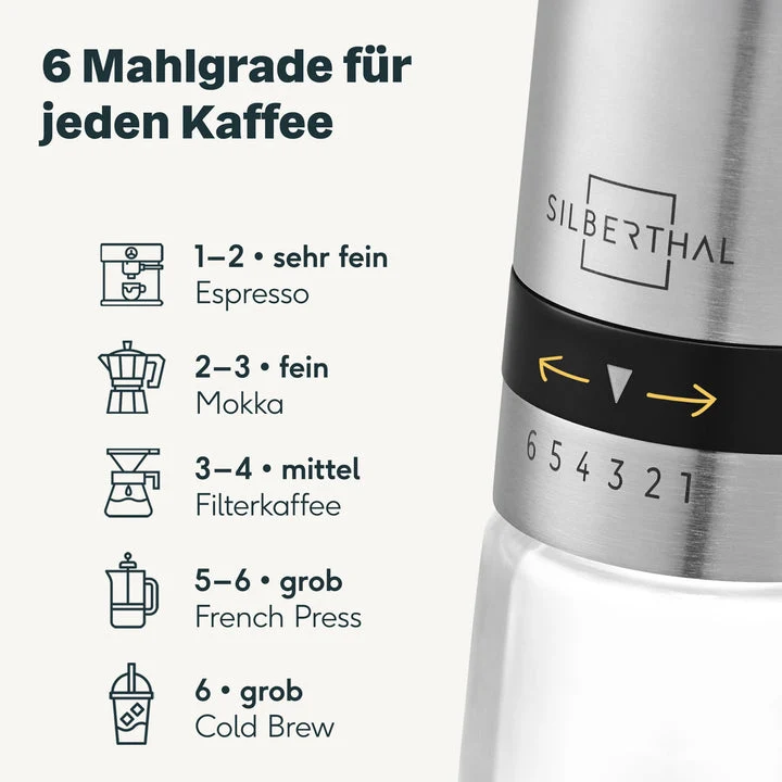 B-Ware SILBERTHAL Kaffeemühle Handmühle Kaffeebereiter Edelstahl Glas Kegelmahlwerk
