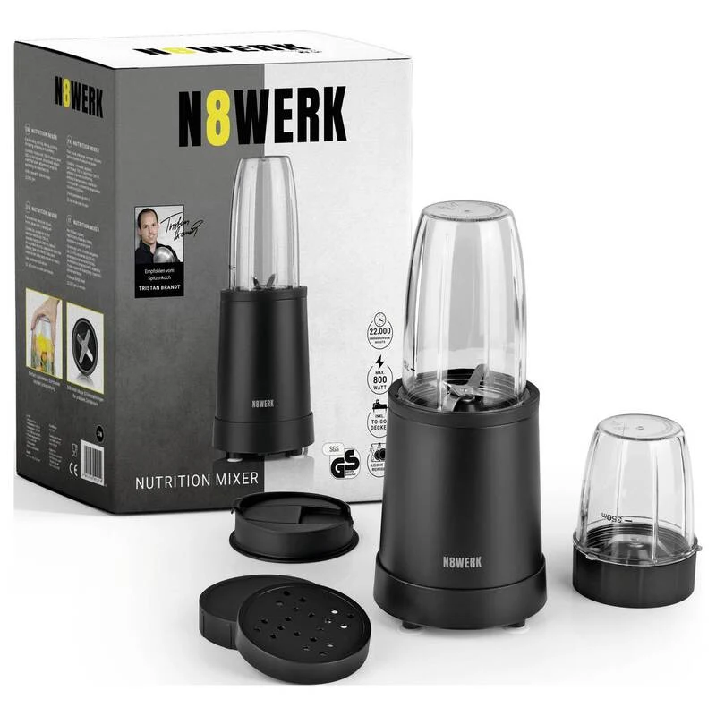 B-Ware N8WERK Nutrition Mixer 800 W Schwarz 8-tlg. mit Ice Crush To-Go-Deckel